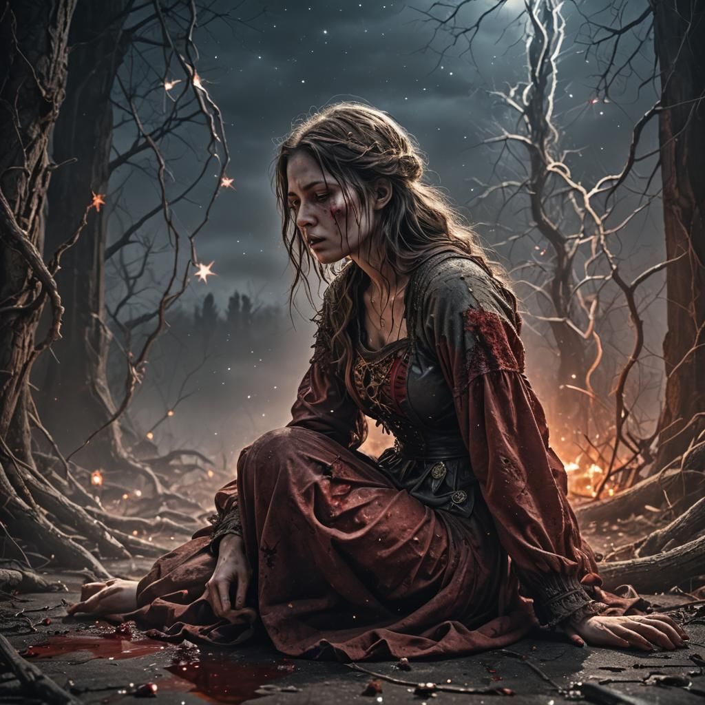 Hyperrealistic Woman Kneeling in Atmospheric Glitchcore Styl...