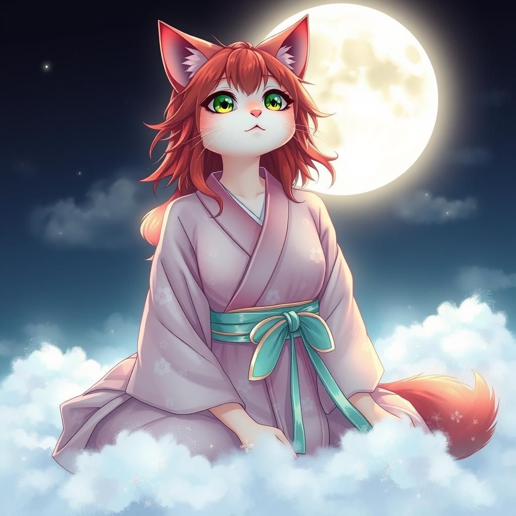 Anime Cat Woman Moon Viewing in Pastel Hues