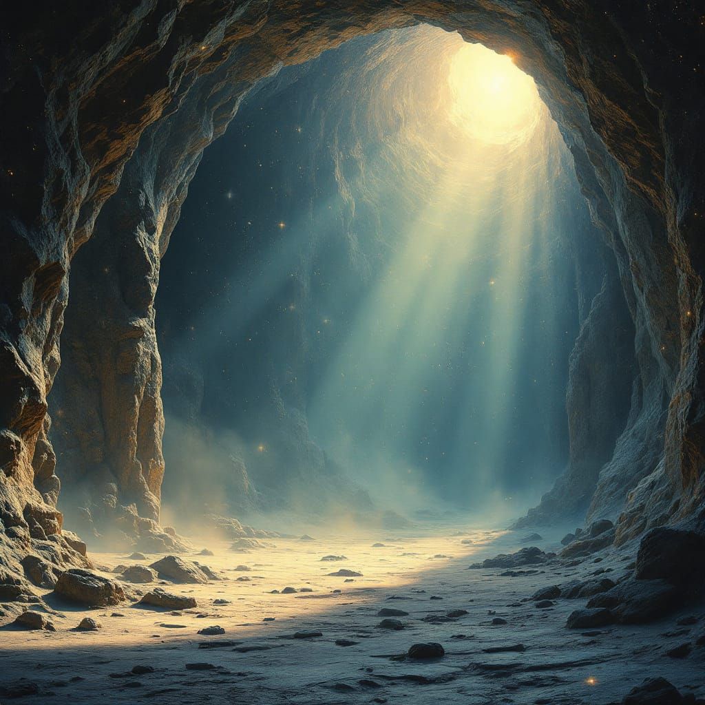 Ethereal Voices in Stone Cave with Celestial Light