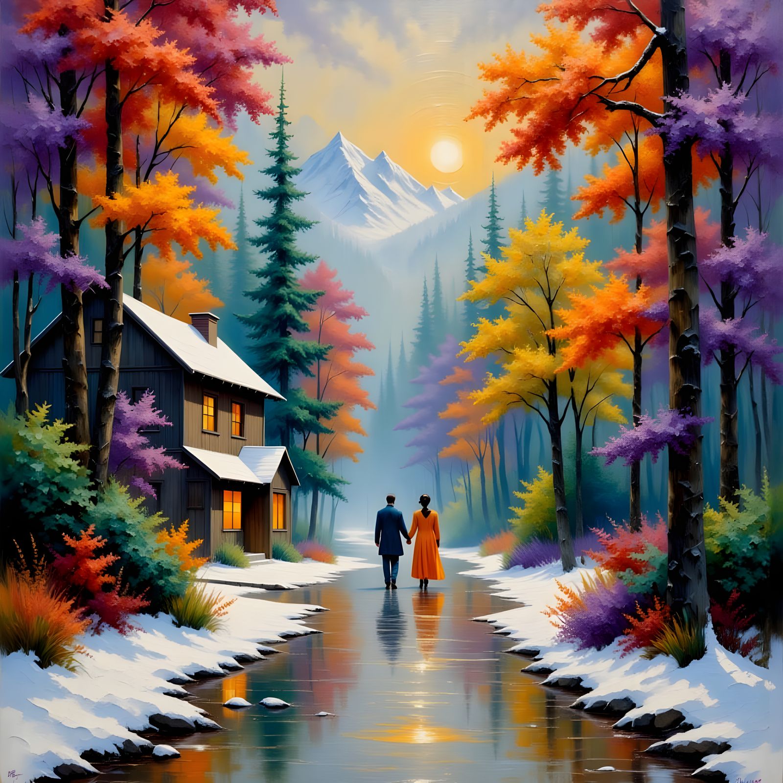 Misty Forest Path in Colorful Impressionistic Style