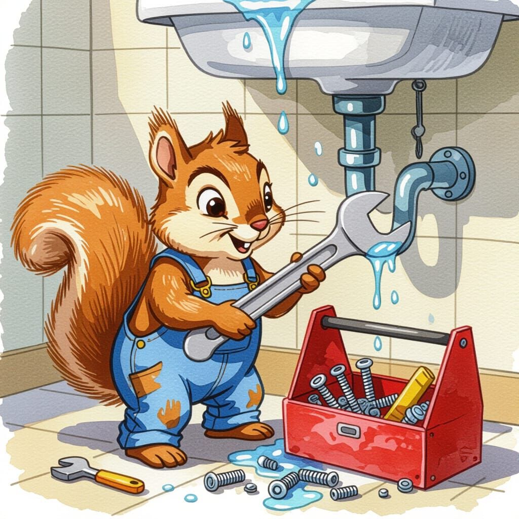 Funny Squirrel Plumber Inspecting Leaky Sink, Watercolor Sty...