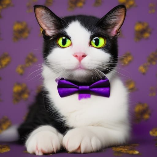 Very cute black and white tuxedo cat with warm brown cat eyes& ethereal purple background that shimmers& glitters& cute ...