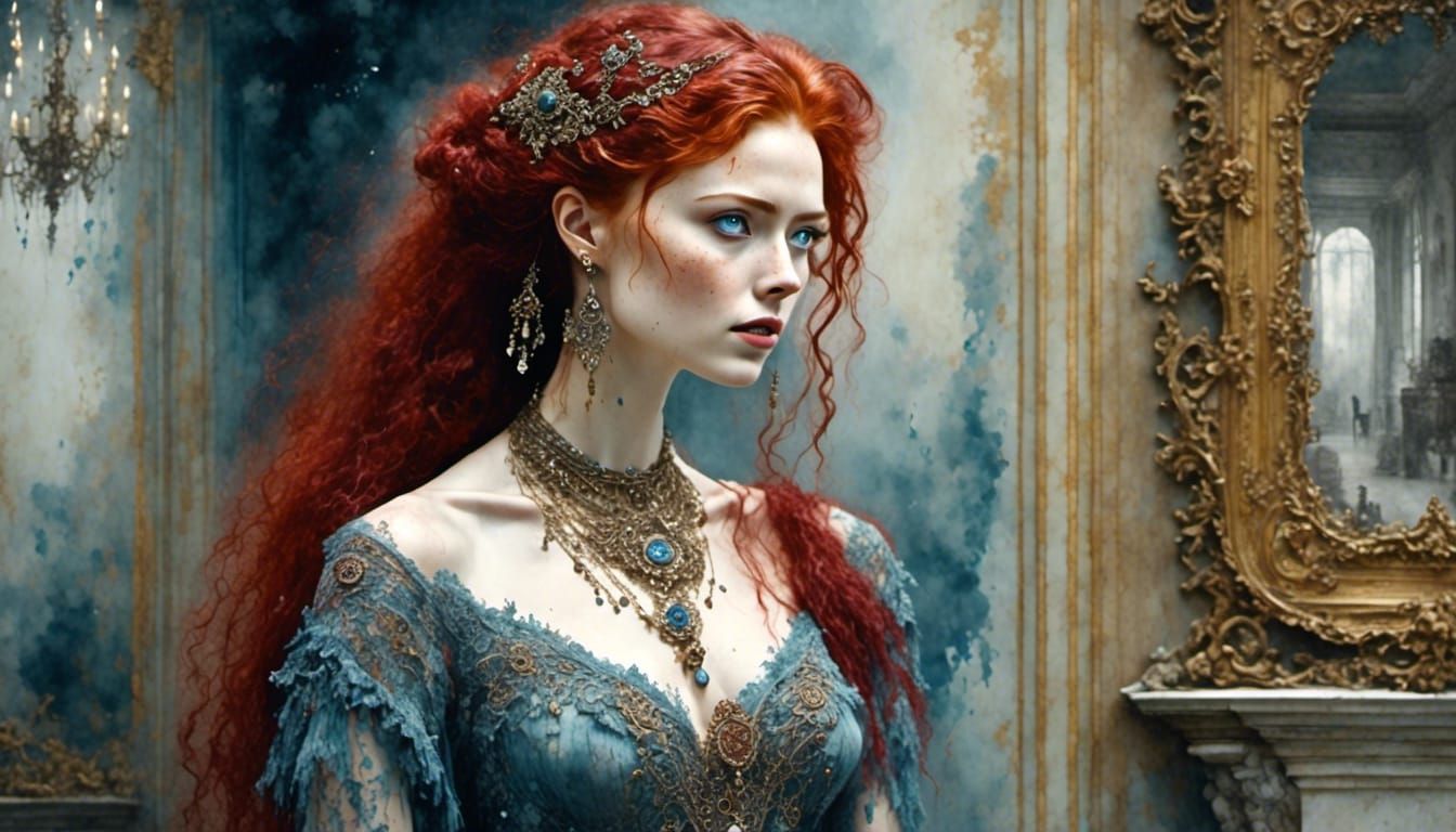 Redhead Woman Portrait in Antique Watercolor Style