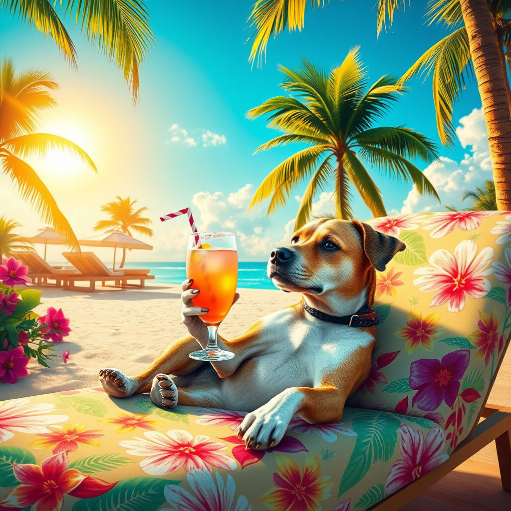 Dog on Tropical Island Lounging and Drinking Cocktail