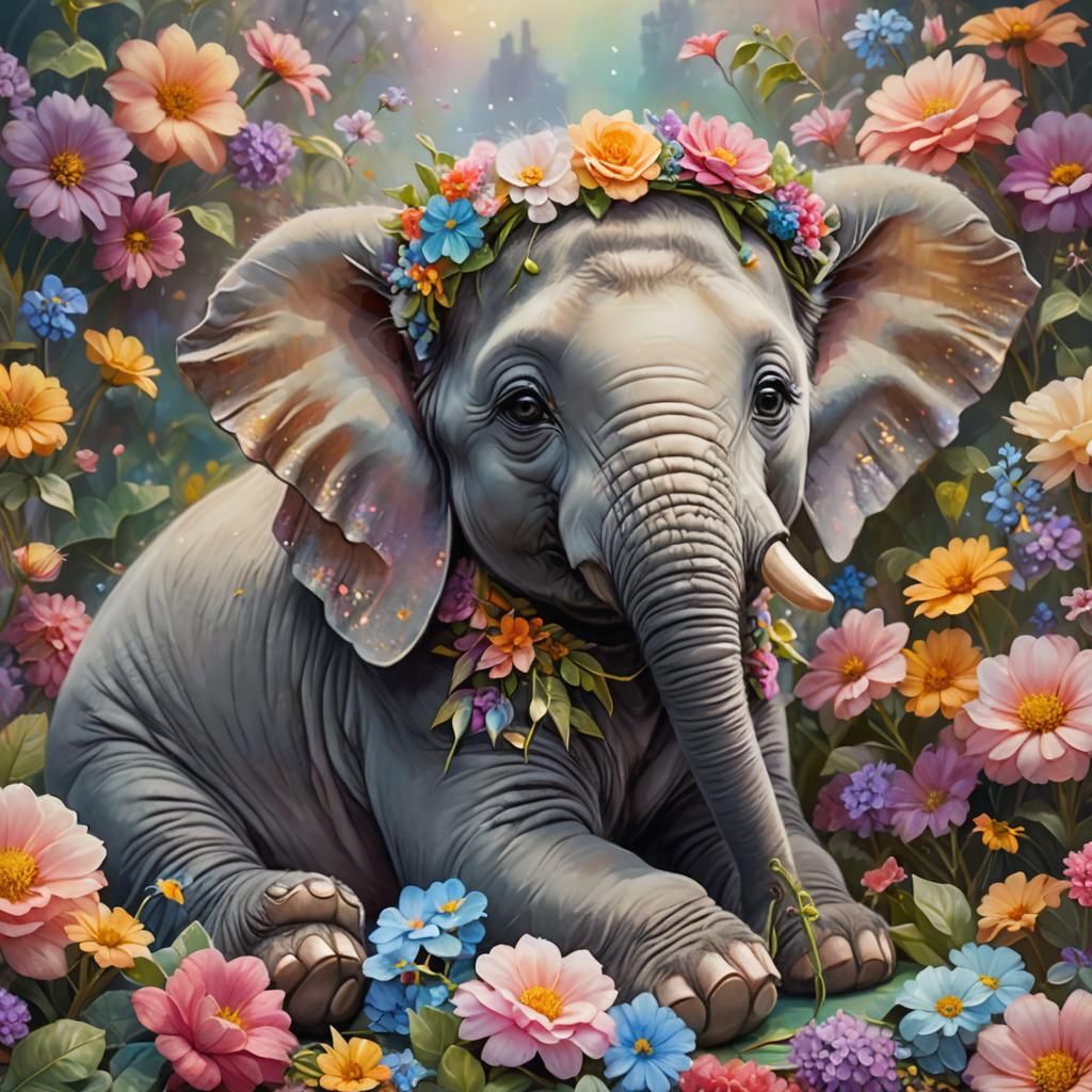 Baby Elephant in Flowers, Bohemian Fantasy