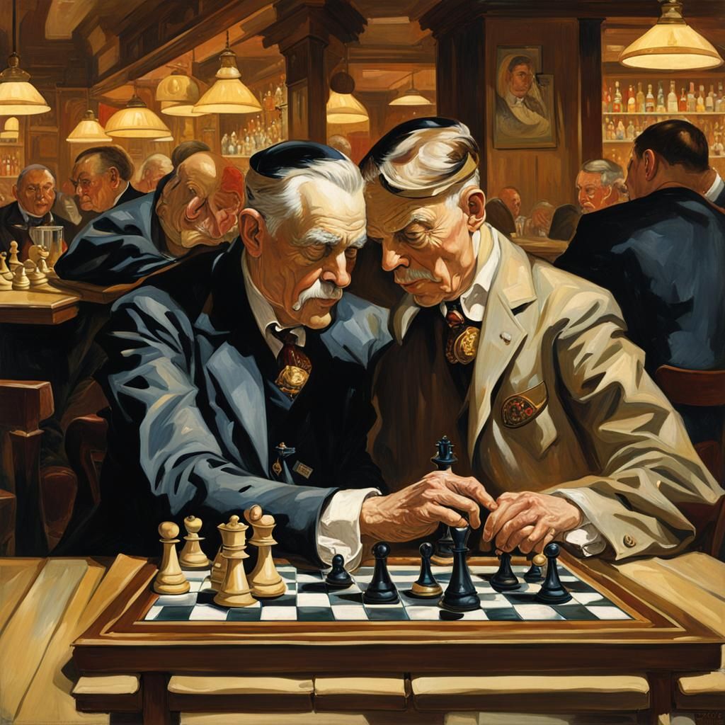 Vintage Painting: Man Playing Chess in Bar