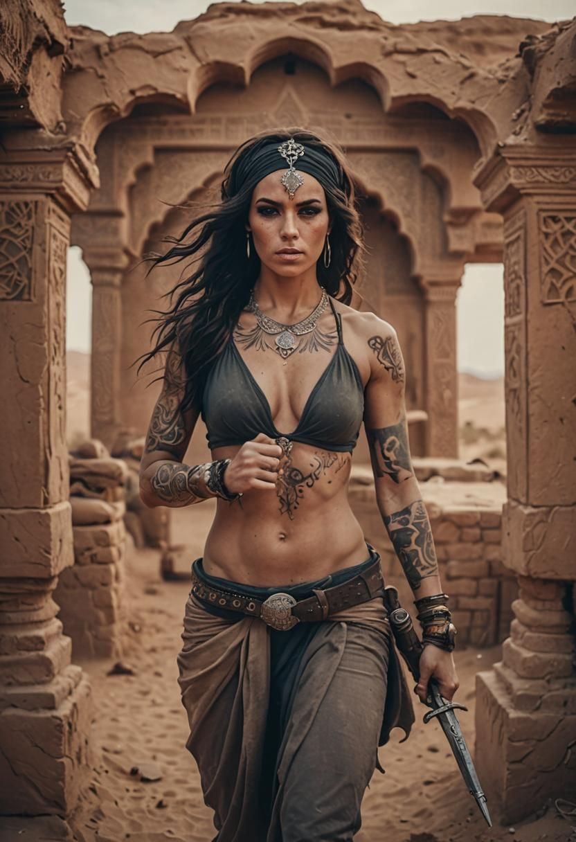 Muscular Assassin in Morocco Desert: Cinematic Film Still