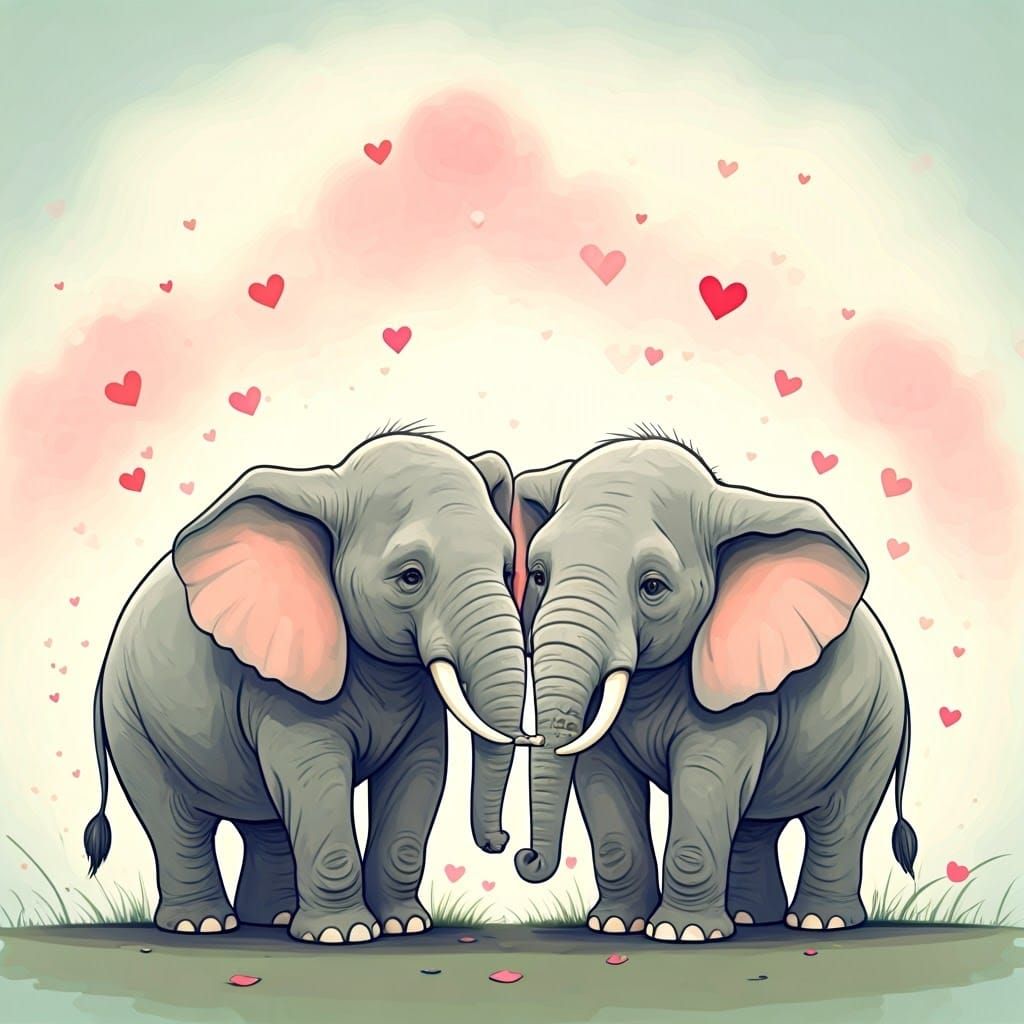 Elephants in Love with Hearts in Whimsical Watercolor