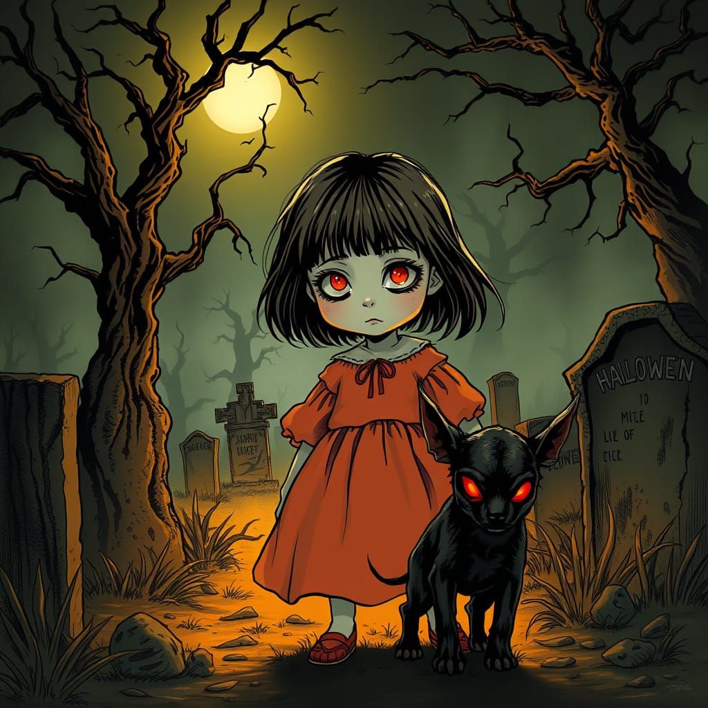 Young Girl Surrounded by Shadows, with a Twisted Companion