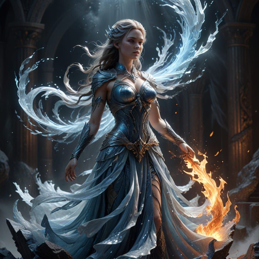 Divine Goddess of Ice and Fire in Marble Sculpture Style