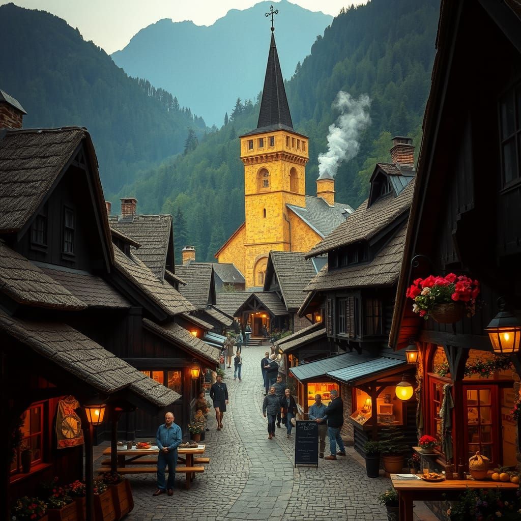 Charming Medieval Village Scene in Atmospheric Lighting