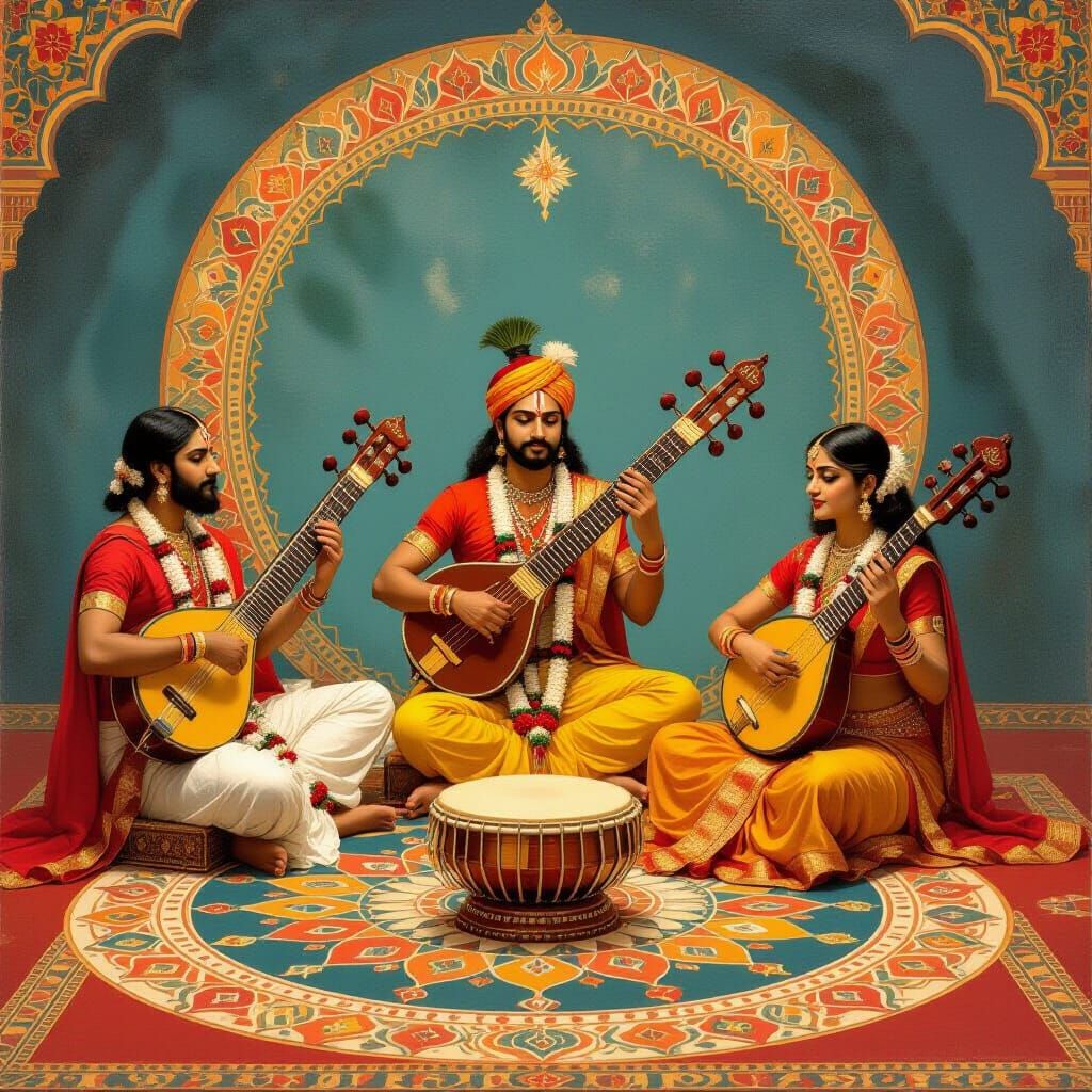 Indian Musicians Around Mandala in Traditional Style