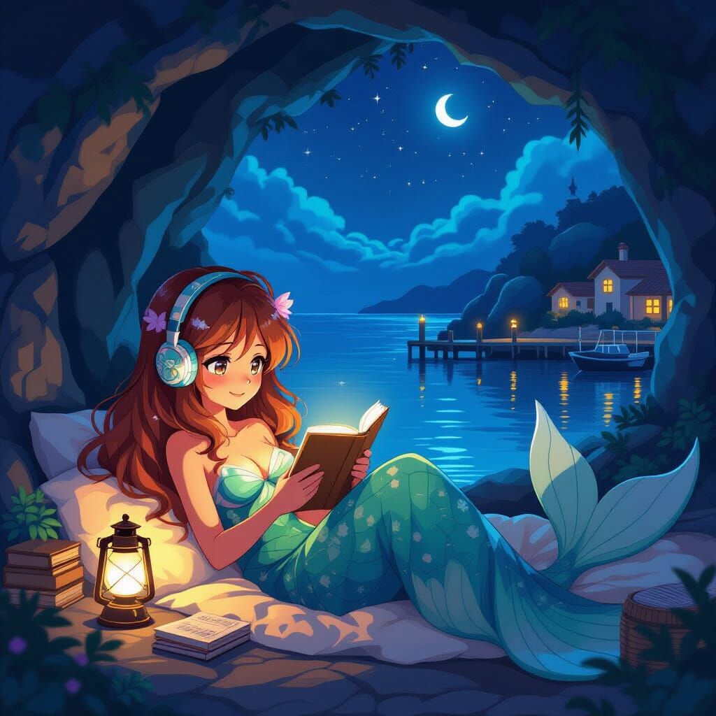 Mermaid Reading by Lantern Light in Coastal Grotto