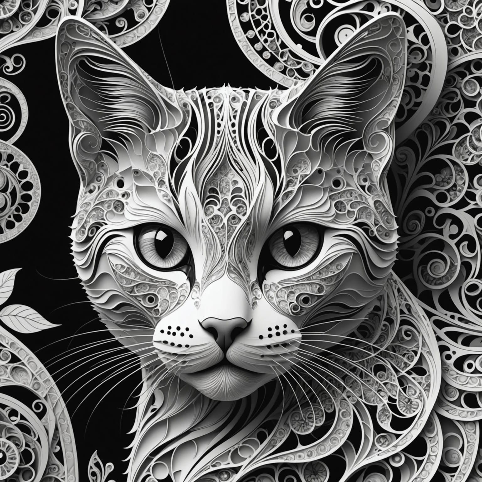 Abstract Fractal Cat with Zentangle and 3D Shading