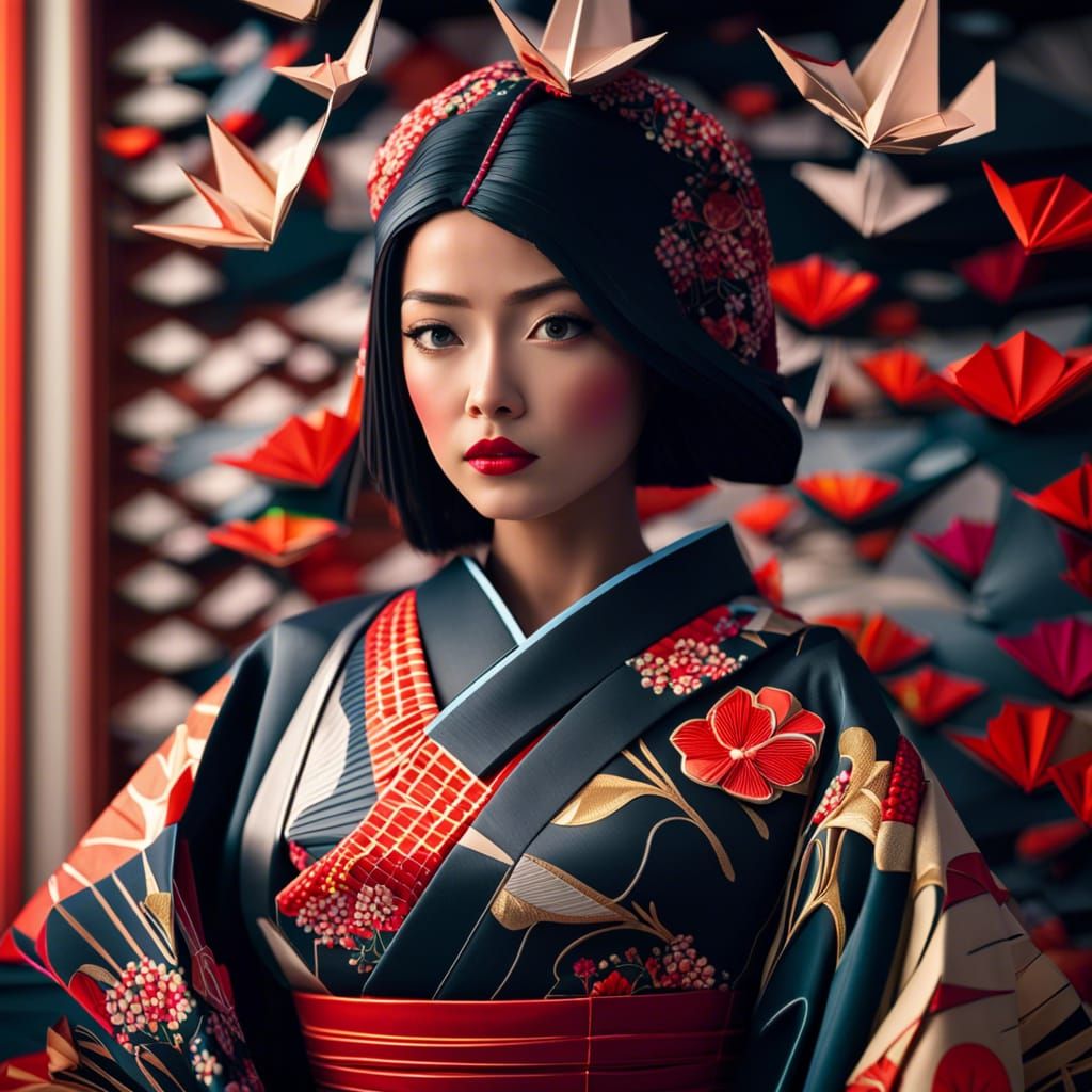 Origami Girl in Japanese Paper Art Landscape