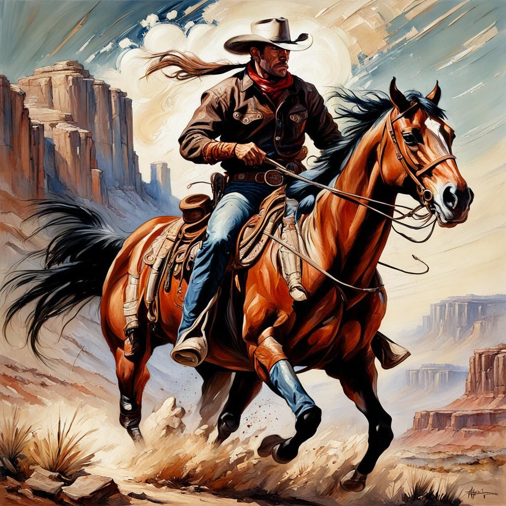 Cowboy on Horse in Impasto Comic Style