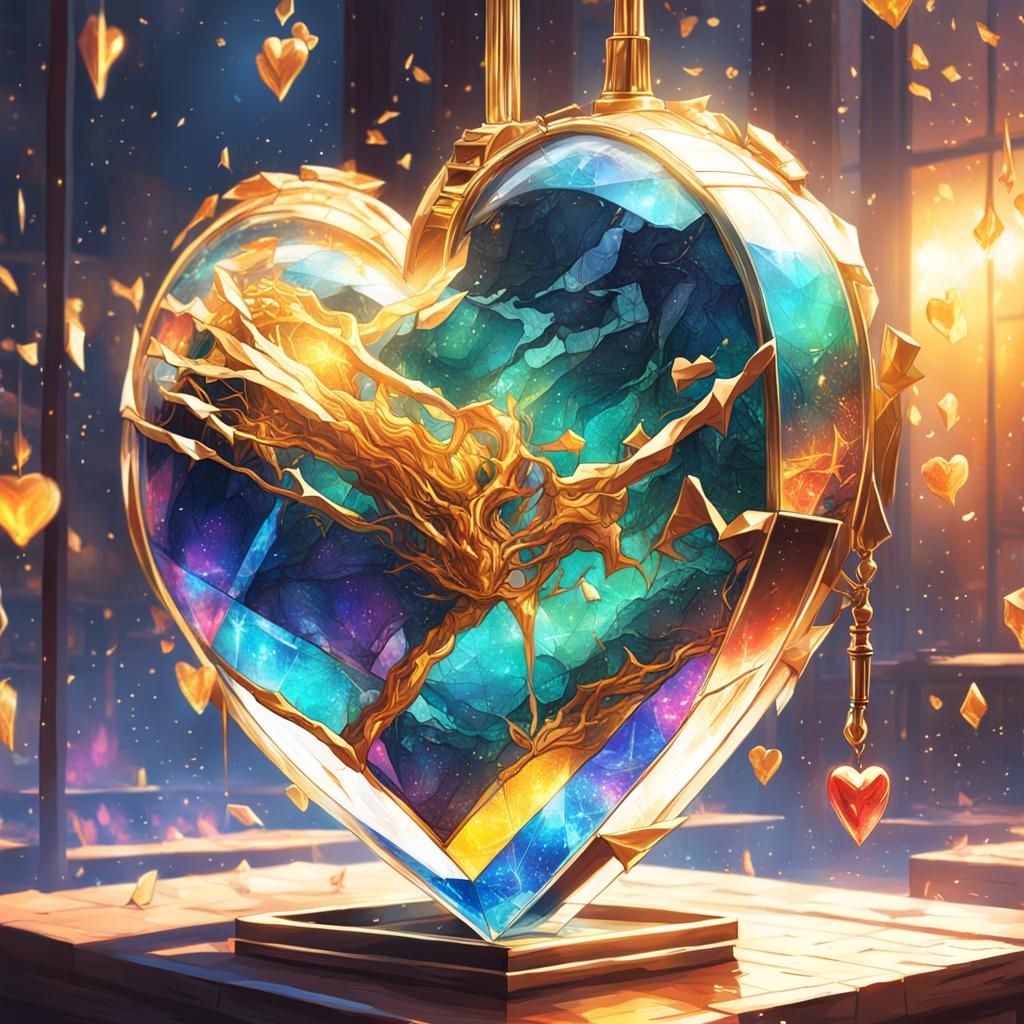 Golden Repaired Glass Heart in Post-Impressionist Style
