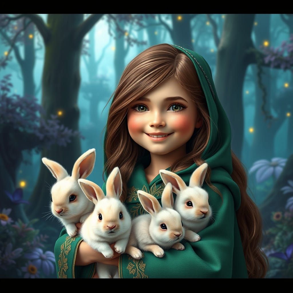 Girl Enchants with Emerald Cloak and Rabbits in Whimsical Wo...