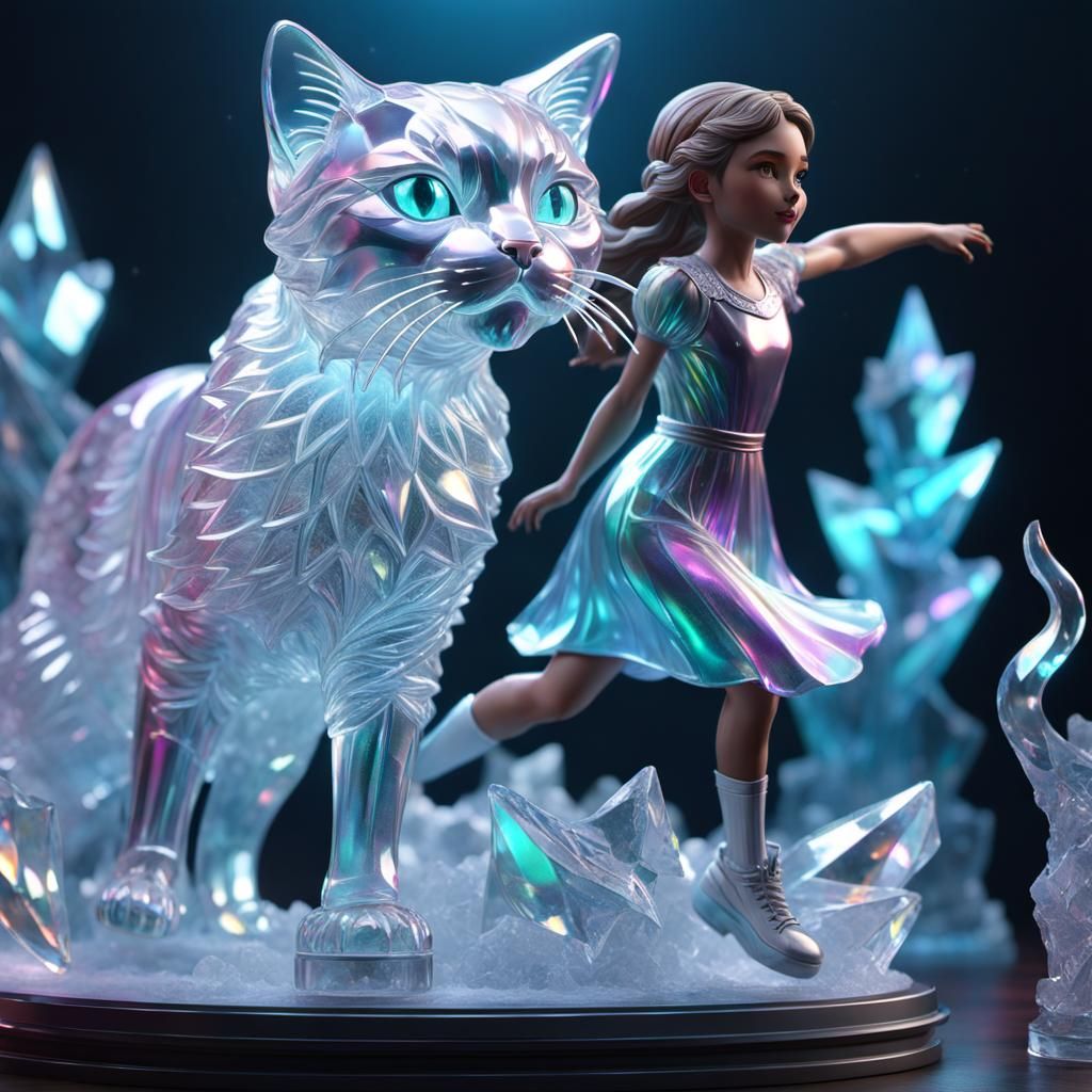 Glowing Ice Cat Sculpture with Girl, Hyperrealistic