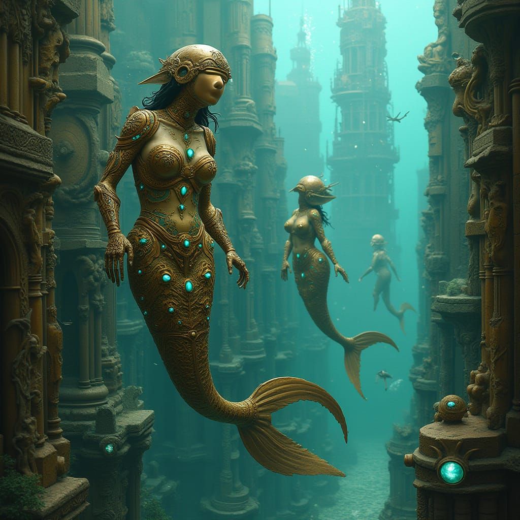 Steampunk Mermaids in an Underwater Art Deco Cityscape