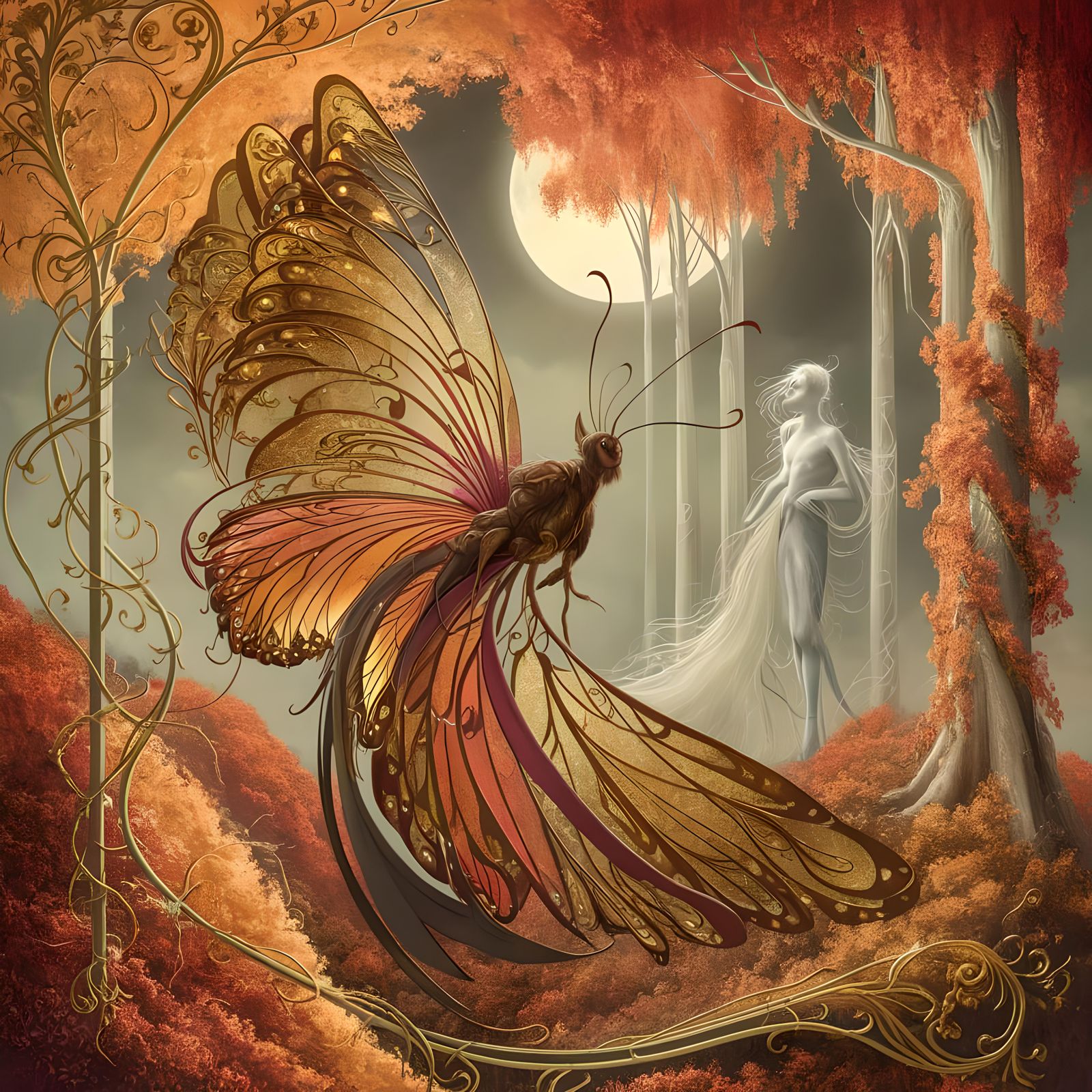 Magical Art Nouveau Butterfly in Autumn Colors