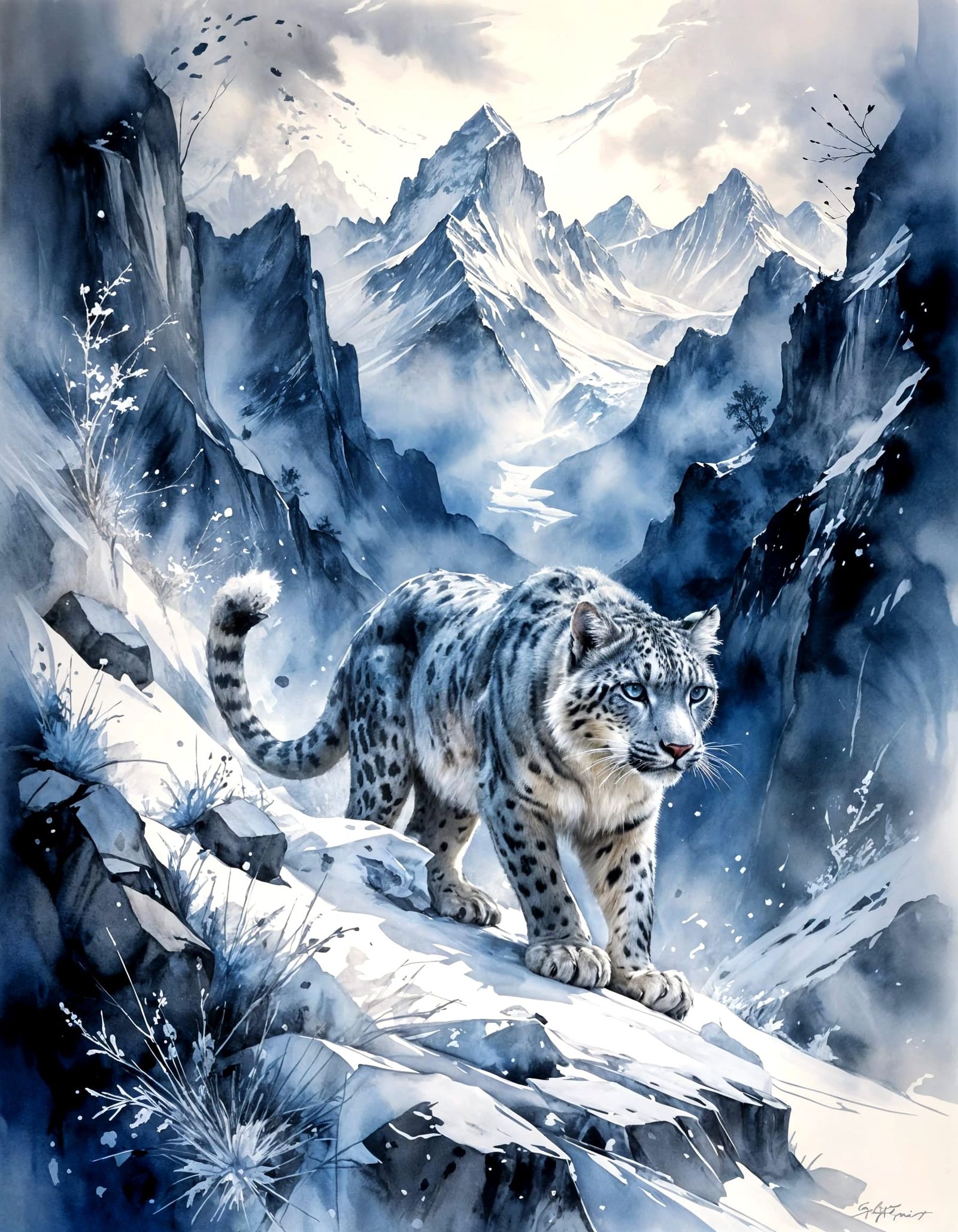 Snow Leopard in Sumi Ink Style Mountain Pass