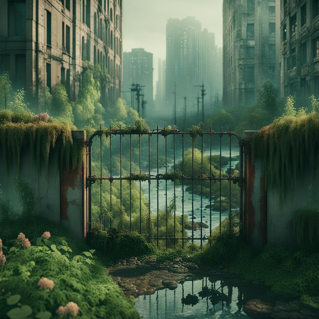 Post-Apocalyptic Cityscape: Nature Reclaims Urban Ruins