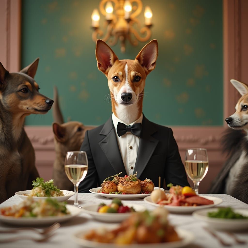 Basenji Dog's Surreal Dinner Party in Pastel Hues