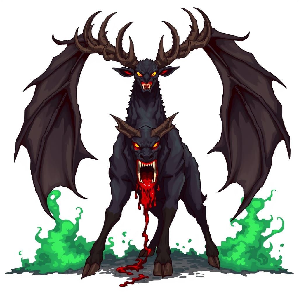 Dark Gothic Anime Deer with Twisted Horns and Blood-Filled M...