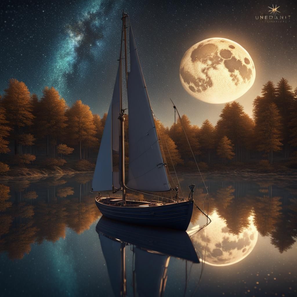 Sailing Boat on Lake Under Starry Night
