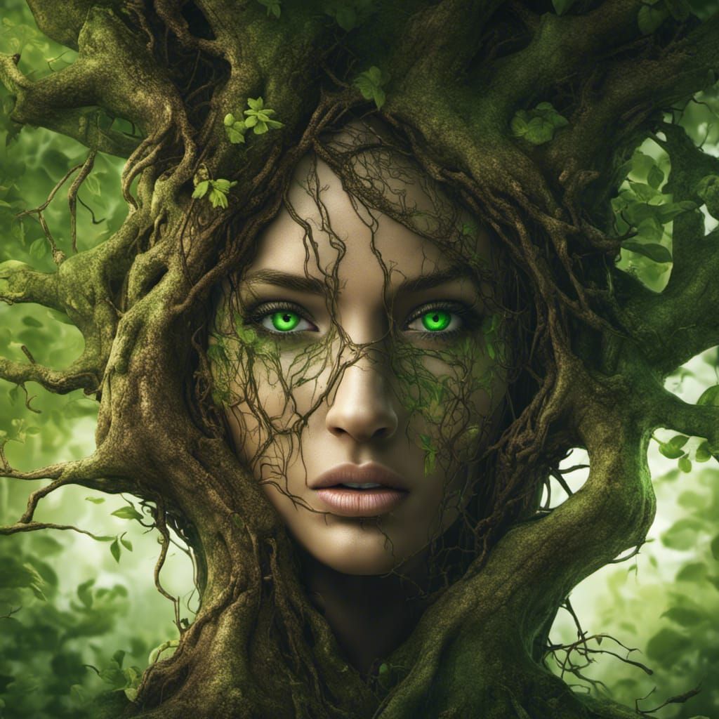 Woman’s face hidden in tree roots vibrant green eyes