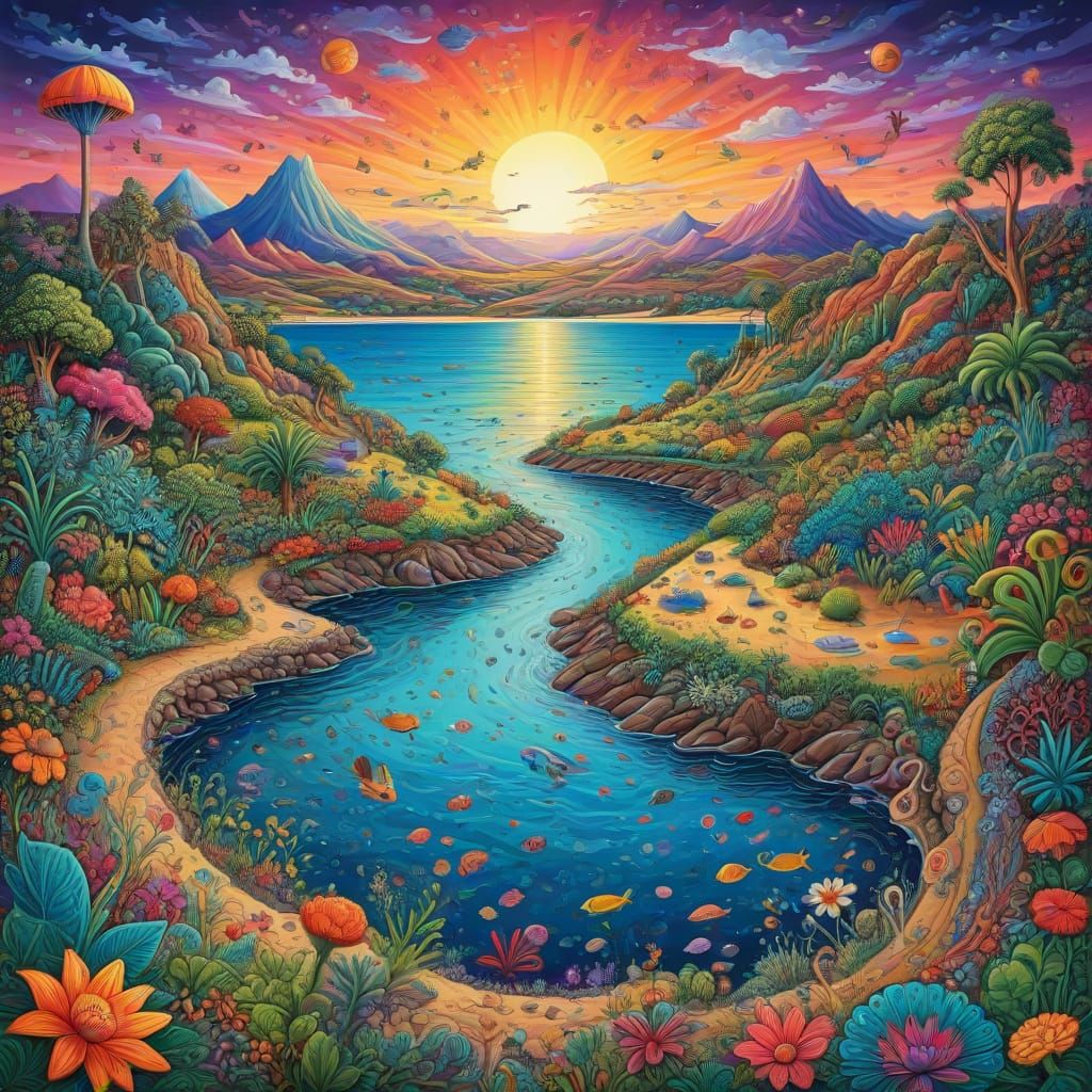 Psychedelic Beach Scene with Fantasy Wildlife and Fractals