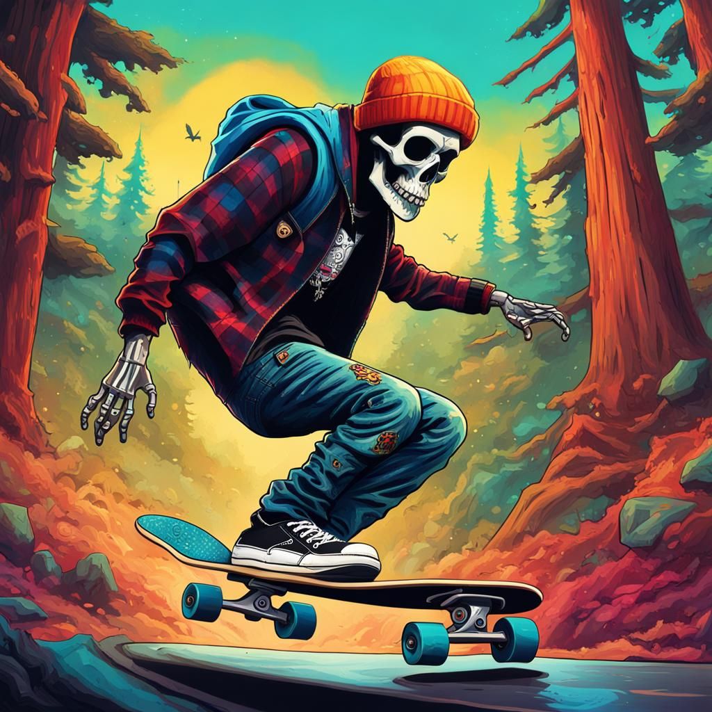 Punk Rock Skeleton Skateboarder in Hyperrealistic Splash Art