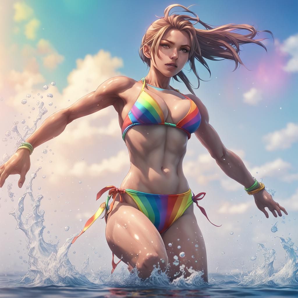 Rainbow Bikini Woman Jumping: 3D Anime Art