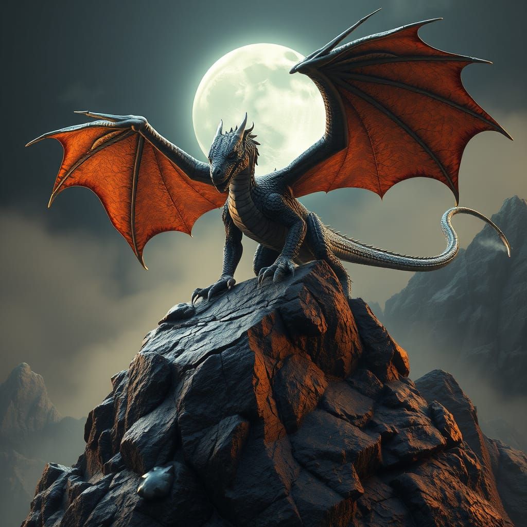Epic Dragon Dominates Moonlit Landscape in Cyberpunk-Inspire...