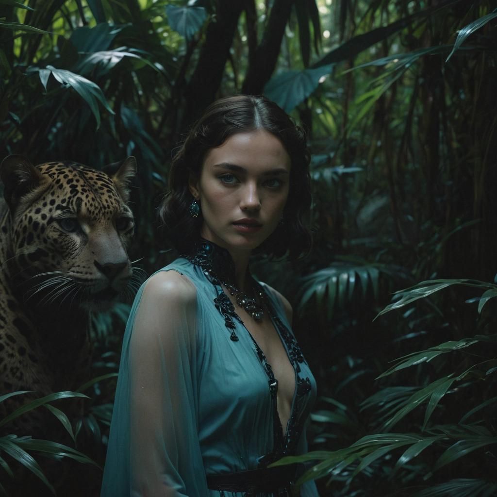 Jungle Vogue: Model and Jaguar in Dramatic Lighting