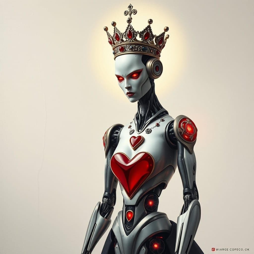 Robot Queen of Hearts in Futuristic, Surreal Style