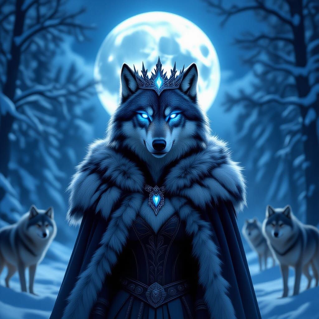 Wolf Queen Under Full Moon in Snowy Forest