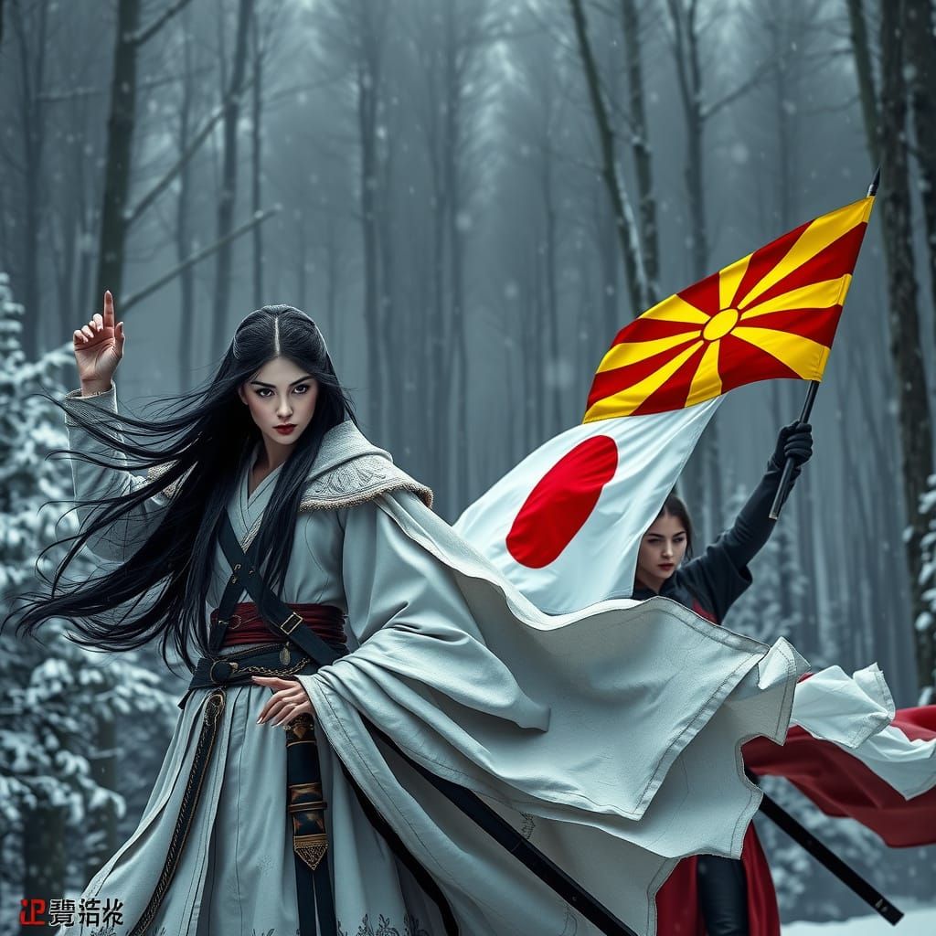 Evil Japanese Warrior Waving Macedonian Flag in Winter Fores...