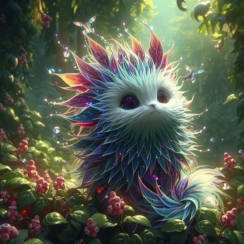Mystical Iridescent Creature in Whimsical Forest