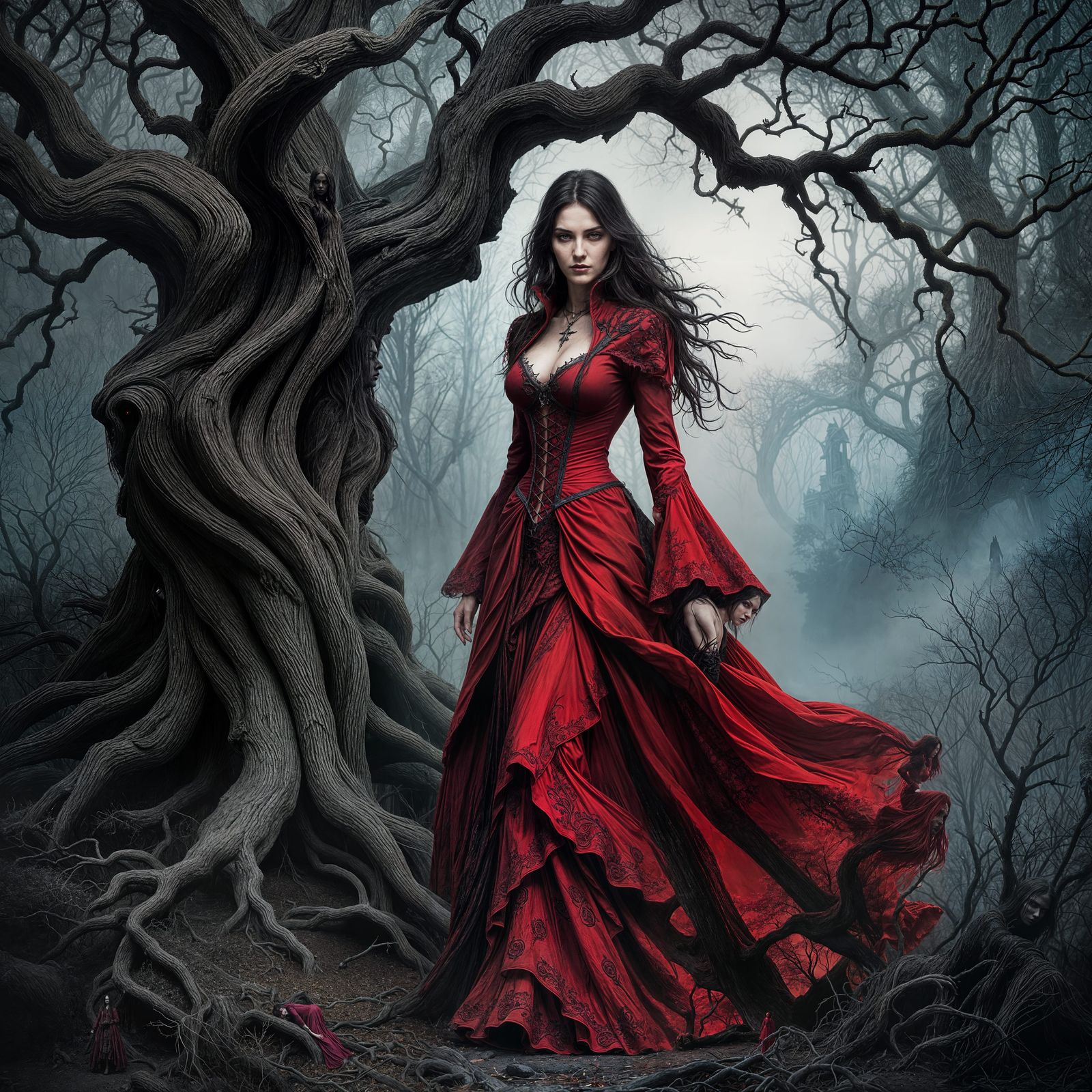 Mysterious Witch in Red Gown by Ancient Tree