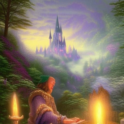 Wizard Writing Spell in Ethereal Fantasy Forest