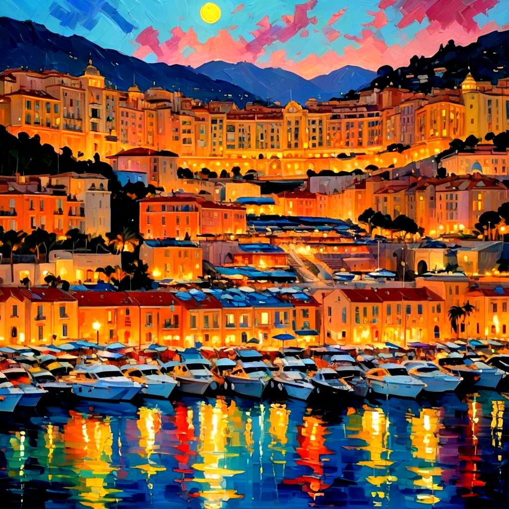 Monte Carlo Marina at Night in Pastel Drawing Style