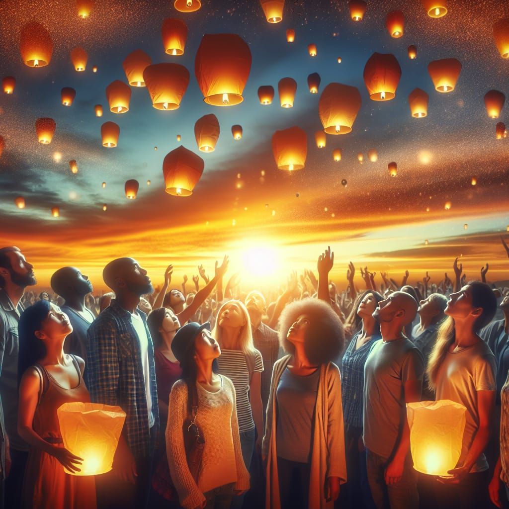 Diverse Group Watching Lanterns at Sunset