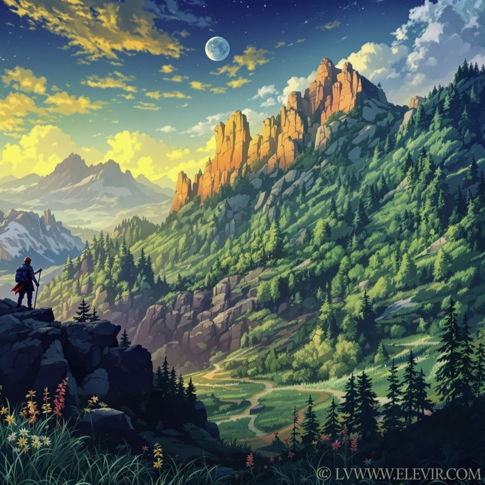 Scenic Landscape with Roads Under Starry Sky