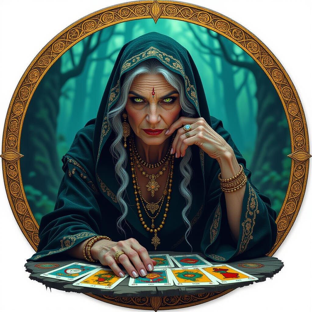 Menacing Gypsy Hag Portrait in Mystical Forest