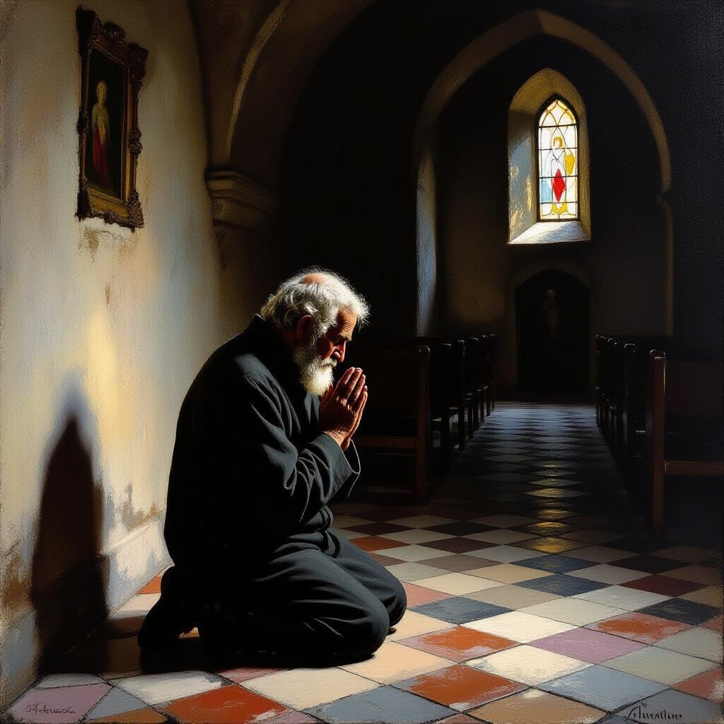 Impressionist Painting of Praying Man in Church