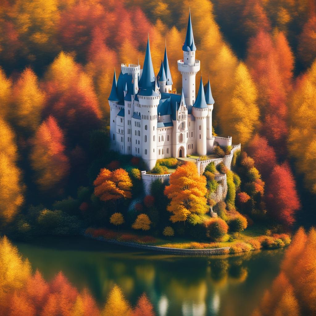 Fairytale Castle in Autumn Garden: Minimalist Acrylic Art