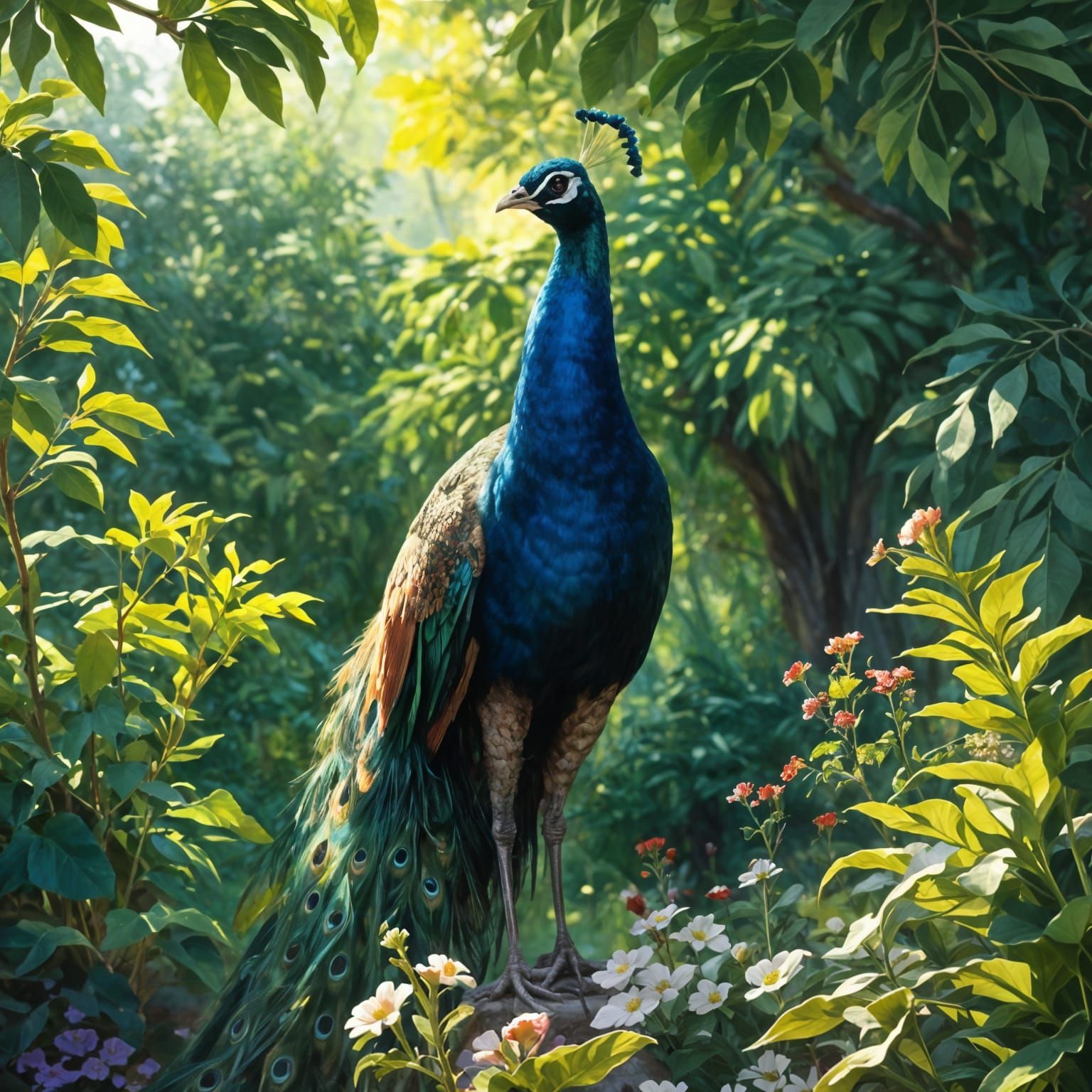 Majestic Peacock Reigns in Vibrant Serene Garden