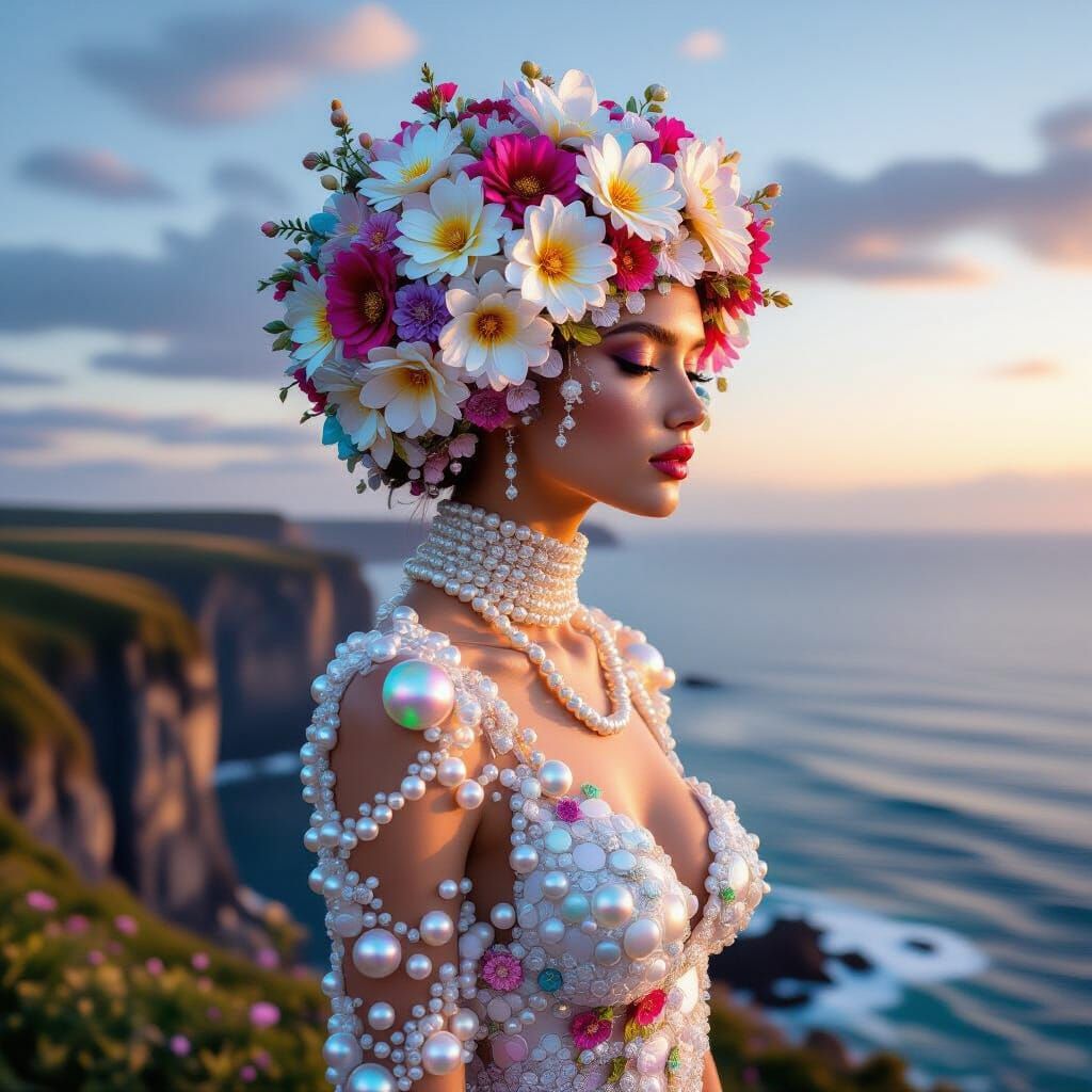 Abstract Floral Female Form at Dusk Overlooking Ocean